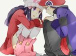  1girl alternate_costume bad_id bad_pixiv_id beanie boots coat couple hat hetero hikari_(pokemon) kazura_sakura kouki_(pokemon) pink_footwear pokemon pokemon_(game) pokemon_dppt pokemon_platinum purple_eyes purple_hair thighhighs winter_clothes 