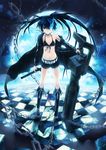  6u_(eternal_land) absurdres arm_cannon belt bikini_top black_hair black_rock_shooter black_rock_shooter_(character) blue blue_eyes boots burning_eye chain checkered checkered_floor coat collarbone fisheye full_moon gun highres jacket knee_boots long_hair md5_mismatch midriff moon navel perspective scar short_shorts shorts solo star stitches sword twintails very_long_hair weapon 