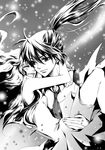  1girl bad_id bad_pixiv_id carrying closed_eyes couple dress greyscale hakuseki hetero hug long_hair macross macross_frontier monochrome necktie open_mouth princess_carry saotome_alto sheryl_nome smile 