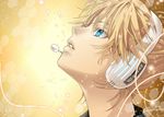  bangs blonde_hair blue_eyes cable colored_eyelashes copyright_name face from_side glowing hakuseki headset honeycomb_(pattern) kagamine_len light_particles looking_up male_focus microphone number parted_lips profile solo vocaloid yellow yellow_background 