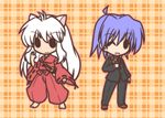  animal_ears ayasaki_hayate bad_id bad_pixiv_id barefoot blue_hair butler dog_ears fushigi_ebi hayate_no_gotoku! inuyasha inuyasha_(character) japanese_clothes long_hair male_focus multiple_boys one_eye_closed plaid plaid_background sheath smile sword weapon white_hair 