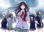  akiyama_mio black_hair blonde_hair brown_eyes brown_hair hirasawa_yui hood hoodie k-on! kotobuki_tsumugi long_hair multiple_girls nakano_azusa no_legwear no_thank_you! plaid plaid_skirt purple_eyes school_uniform short_hair skirt song_name sugano_manami tainaka_ritsu 