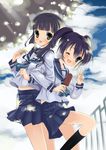  :p ;d absurdres back-to-back bad_id bad_pixiv_id black_hair black_rock_shooter blush cloud food friends highres kuroi_mato locked_arms looking_at_viewer multiple_girls one_eye_closed open_mouth pikomint popsicle school_uniform serafuku short_hair skirt sky smile takanashi_yomi tongue tongue_out v 