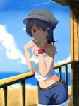  bad_id bad_pixiv_id beach belt black_hair blue_eyes camisole day hair_ornament hairclip hat highres idolmaster idolmaster_dearly_stars midriff mizutani_eri navel ocean seven_(harida) shadow short_hair shorts solo spaghetti_strap wristband 