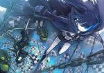  absurdres arm_cannon bad_id bad_pixiv_id belt bikini_top black_hair black_rock_shooter black_rock_shooter_(character) blue_eyes boots burning_eye chain coat dead_master green_eyes highres long_hair midriff minoa_(lastswallow) multiple_girls pale_skin scythe shorts skull twintails weapon 