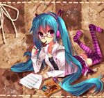  aqua_hair bad_id bad_pixiv_id bespectacled digital_media_player glasses hatsune_miku hazuki_mizuho headphones ipod kocchi_muite_baby_(vocaloid) long_hair lying natural_(module) on_stomach pink_eyes project_diva_(series) project_diva_2nd skirt solo striped striped_legwear thighhighs twintails very_long_hair vocaloid zettai_ryouiki 