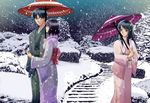  2girls black_hair couple hetero japanese_clothes kara_no_kyoukai kimono kokutou_azaka kokutou_mikiya long_hair multiple_girls oriental_umbrella ryougi_shiki shared_umbrella short_hair snow umbrella winter yonomori_mayu 