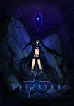 arm_cannon bikini_top black_hair black_rock_shooter black_rock_shooter_(character) blue_eyes boots burning_eye chain coat crystal gloves highres long_hair rx. short_shorts shorts solo star twintails weapon 
