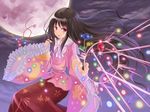  black_hair branch danmaku flying full_moon houraisan_kaguya jeweled_branch_of_hourai long_hair magic moon red_eyes ribbon solo tadokoro_teppei touhou 