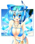  bikini blue_eyes blue_hair bow bracelet breasts cirno cleavage diving_mask diving_mask_on_head hair_bow jewelry kamiya_tomoe large_breasts leaning_forward necklace older open_mouth ribbon side-tie_bikini skindentation snorkel solo string_bikini swimsuit touhou wings 