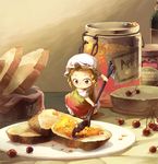  blonde_hair bread el_(mushboom) food hat jam marmalade minigirl original plate red_eyes solo spoon 