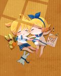  1girl animalization ayu_(mog) bad_id bad_pixiv_id barefoot blonde_hair brother_and_sister bunny carrot chibi child child_drawing closed_eyes from_above gumi hair_ornament hair_ribbon hairclip kagamine_len kagamine_rin kaito ribbon short_hair siblings sleeping vocaloid 