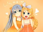  :d alternate_hairstyle bad_id bad_pixiv_id blonde_hair blue_eyes blue_hair bow braid child dress friends hair_bow hair_ornament hair_ribbon hairclip hatsune_miku heart itamidome kagamine_rin long_hair multiple_girls open_mouth ribbon short_dress simple_background smile symbol-shaped_pupils twintails very_long_hair vocaloid younger 