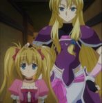  2girls armor belt blonde blonde_hair blue_eyes choker densetsu_no_yuusha_no_densetsu dress ferris_eris gloves iris_eris long_hair screenshot twintails warrior 