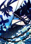  absurdres bad_id bad_pixiv_id black_hair black_rock_shooter black_rock_shooter_(character) blue_eyes boots burning_eye chain coat cross flower highres long_hair looking_back pale_skin rugo shorts sitting solo twintails 