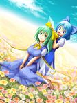  barefoot blue_eyes blue_hair bow breasts cirno daiyousei day do_(ado) flower green_eyes green_hair hair_bow large_breasts mary_janes multiple_girls nature scenery shoes short_hair side_ponytail sitting sky socks touhou wings 