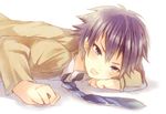  angel_beats! bad_id bad_pixiv_id black_eyes lying male_focus necktie noda_(angel_beats!) on_stomach purple_hair school_uniform solo yume_hisahi 