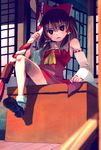  bad_id bad_pixiv_id bow box brown_hair detached_sleeves donation_box hair_bow hakurei_reimu kouhaku_nawa long_hair nohoho red_eyes rope shrine_bell sitting solo touhou 