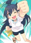  bad_id bad_pixiv_id black_hair casual clenched_hands foreshortening ganaha_hibiki green_eyes hair_ribbon hands idolmaster idolmaster_(classic) jewelry long_hair necklace one_eye_closed otoutogimi perspective ponytail raised_fist ribbon sandals shorts solo 
