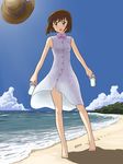  bangs bare_legs barefoot beach blue_sky blush brown_eyes brown_hair cloud collared_dress day dress footprints full_body hagiwara_yukiho hat hat_loss hat_removed headwear_removed holding holding_shoes horizon idolmaster idolmaster_(classic) lielos ocean outdoors purple_dress sandals shoes short_hair sky sleeveless sleeveless_dress solo walking water wind wind_lift 