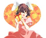  animal_ears blush brown_hair bunny_ears carrot dress fang gift happy highres holding holding_gift inaba_tewi jewelry open_mouth orange_eyes pendant short_hair simple_background solo touhou tsukimoto_aoi yellow_eyes 