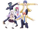  3boys angel_beats! arm_up blue_eyes blue_hair bow brown_hair dragon_ball dragon_ball_z ginyu_force_pose green_eyes green_hair hair_bow hairband hat hinata_(angel_beats!) kneeling kodama_naoko long_hair looking_back multiple_boys multiple_girls naoi_ayato necktie otonashi_(angel_beats!) outstretched_arms parody pose school_uniform serafuku short_hair silver_hair simple_background tenshi_(angel_beats!) thighhighs uniform white_background yellow_eyes yuri_(angel_beats!) 