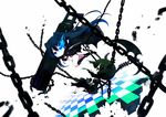  absurdres aplerichi arm_cannon bikini_top black_hair black_rock_shooter black_rock_shooter_(character) blue_eyes boots chain chibi dead_master eye_contact green_eyes highres horns long_hair looking_at_another multiple_girls scythe twintails weapon 