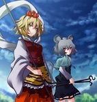  animal_ears bad_id bad_pixiv_id blonde_hair brown_eyes dowsing_rod flower grey_hair hair_flower hair_ornament looking_at_viewer mouse_ears mouse_tail multiple_girls nazrin outdoors pokimari short_hair tail toramaru_shou touhou yellow_eyes 