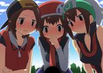  :&lt; alternate_costume bad_id bad_pixiv_id bare_shoulders baseball_cap blush brown_eyes brown_hair commentary_request genderswap genderswap_(mtf) gold_(pokemon) hat kouki_(pokemon) looking_down mogiki_hayami multiple_girls pokemon pokemon_(game) pokemon_dppt pokemon_emerald pokemon_hgss pokemon_rse scarf sexually_suggestive yuuki_(pokemon) 