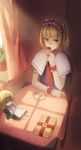  alice_margatroid bangs blonde_hair bob_cut book capelet commentary cup curtains doll frilled_hairband frills hairband keyhole lock red_hairband saucer short_hair smile solo table teacup touhou weee_(raemz) window window_shade wristband 