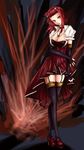  absurdres black_gloves black_legwear breasts brown_eyes choker cleavage dress drill elbow_gloves fingerless_gloves garter_straps gloves highres izayoi_aki jewelry large_breasts legs necklace pinky_out red_hair skindentation solo thighhighs vicsen-u5 yuu-gi-ou yuu-gi-ou_5d's zettai_ryouiki 