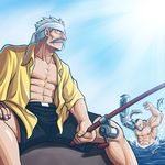  automail bandana buccaneer_(fma) facial_hair fish fishing fishing_rod fu_(fma) fullmetal_alchemist grey_hair highres holding holding_fishing_rod male_focus manly mechanical_arm mohawk multiple_boys mustache zelo-lee 