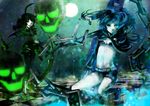  :p absurdres bad_id bad_pixiv_id belt bikini_top black_hair black_rock_shooter black_rock_shooter_(character) blue_eyes boots chain dead_master frown glowing glowing_eyes green_eyes highres horns kneeling long_hair midriff multiple_girls navel pale_skin rinko_(jaunebrillant) scythe shorts skull smile tongue tongue_out twintails very_long_hair weapon 