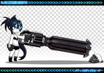  :&lt; absurdres arm_cannon bikini_top black_hair black_rock_shooter black_rock_shooter_(character) blue_eyes burning_eye flat_chest gloves highres huge_weapon long_hair masn_(moxi) midriff navel pale_skin pun rock scar shorts solo too_literal trembling twintails very_long_hair weapon 