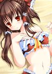  bad_id bad_pixiv_id blush bow brown_hair frills hair_bow hakurei_reimu highres long_hair midriff nanaroba_hana navel red_eyes solo sweat touhou 