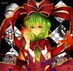  argyle argyle_background bad_id bad_pixiv_id bow checkered dress frills front_ponytail gears green_eyes green_hair hair_bow hair_ribbon kagiyama_hina leaf lolo_loki long_hair ribbon solo touhou 