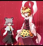  aho animal_ears animal_print bishamonten's_spear blonde_hair grey_hair highres mouse_ears mouse_tail multiple_girls nazrin polearm red_eyes spear tail tiger_print toramaru_shou touhou weapon yellow_eyes 