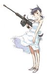  agahari animal_ears bare_shoulders black_hair blush brown_eyes dress extra_ears gun hair_ribbon heterochromia long_hair machine_gun ponytail red_eyes ribbon sakamoto_mio sketch smile solo strike_witches tail weapon white_dress world_witches_series 