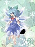  aqua_hair barefoot blouse blue_eyes blush bow cirno dress hair_bow hitsubaru ice open_mouth ribbon short_hair solo touhou wings 