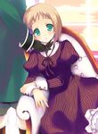  1girl axis_powers_hetalia blonde_hair green_eyes hand_on_another's_cheek hand_on_another's_face liechtenstein_(hetalia) naruse_hirofumi ribbon short_hair sitting switzerland_(hetalia) 