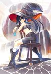  black_eyes black_hair boots chair glass hat highres hirokiku long_hair original sitting sitting_backwards skirt smile solo twintails witch_hat 