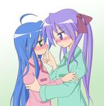 ahoge blue_eyes blue_hair blush eye_contact frown green_eyes hair_ribbon hand_on_another's_chin hand_on_another's_face hiiragi_kagami izumi_konata long_hair looking_at_another lucky_star mel_(melty_pot) multiple_girls nervous pajamas profile purple_hair ribbon sweat sweatdrop tsurime twintails yuri 