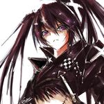  :&lt; bad_id bad_pixiv_id bangs black_rock_shooter checkered cross from_below insane_black_rock_shooter lowres midriff monochrome scar sketch solo spot_color star stu_dts twintails 