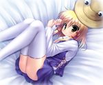  blonde_hair eyes feet_out_of_frame fetal_position hat hat_removed headwear_removed highres legs looking_at_viewer lying moriya_suwako short_hair solo takeponi thighhighs touhou white_legwear yellow_eyes 