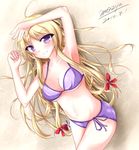  beach bikini blonde_hair breasts cleavage hair_ribbon highres large_breasts long_hair mozya navel purple_eyes ribbon side-tie_bikini solo swimsuit touhou yakumo_yukari 