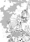  abara_heiki bow chain cloud gourd greyscale hair_bow horn_ribbon horns ibuki_suika monochrome ribbon sample solo touhou 