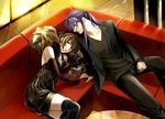  1girl boots brown_hair couch couple dancing_love_(vocaloid) dress formal gloves hetero kamui_gakupo long_hair meiko scarf short_hair suit thigh_boots thighhighs toyu vocaloid 