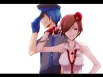  1girl bad_id bad_pixiv_id blue breasts cleavage couple cuffs fingerless_gloves garrison_cap gloves hand_on_headwear handcuffs hat hetero kaito medium_breasts meiko nail_polish necktie peaked_cap police profile red smile star uniform vocaloid 