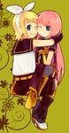  blonde_hair blue_eyes boots child friends grin hair_ornament hair_ribbon hairclip headphones headset highres hug kagamine_rin long_hair megurine_luka multiple_girls one_eye_closed pink_hair ribbon short_hair smile sweatdrop takishima_asaka thighhighs vocaloid 