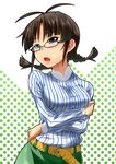  akizuki_ritsuko antenna_hair belt braid brown_eyes brown_hair crossed_arms glasses idolmaster idolmaster_(classic) mamezou open_mouth polka_dot solo striped twin_braids 